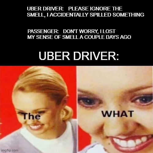 too late | UBER DRIVER:   PLEASE IGNORE THE SMELL, I ACCIDENTALLY SPILLED SOMETHING; PASSENGER:   DON'T WORRY, I LOST MY SENSE OF SMELL A COUPLE DAYS AGO; UBER DRIVER: | image tagged in the what | made w/ Imgflip meme maker