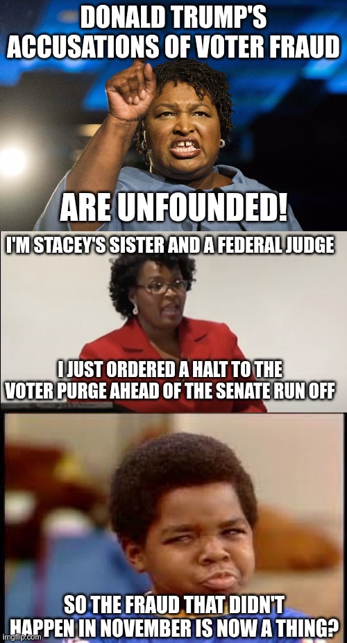 In Today's News | DONALD TRUMP'S ACCUSATIONS OF VOTER FRAUD; ARE UNFOUNDED! I'M STACEY'S SISTER AND A FEDERAL JUDGE; I JUST ORDERED A HALT TO THE VOTER PURGE AHEAD OF THE SENATE RUN OFF; SO THE FRAUD THAT DIDN'T HAPPEN IN NOVEMBER IS NOW A THING? | image tagged in stacey abrams,what you talking about 102,election fraud | made w/ Imgflip meme maker