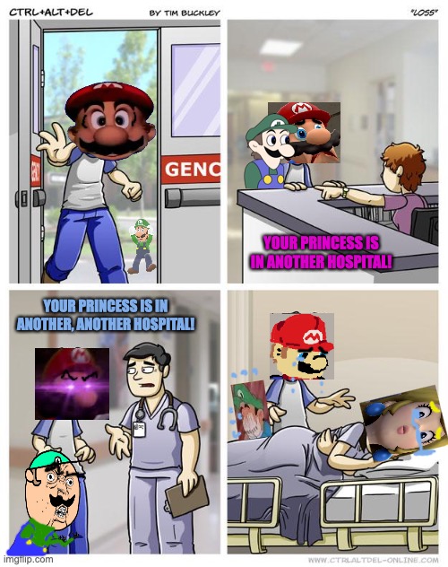 LOSS in mario bros. | YOUR PRINCESS IS IN ANOTHER HOSPITAL! YOUR PRINCESS IS IN ANOTHER, ANOTHER HOSPITAL! | image tagged in loss,get trolled alt delete,super mario,princess peach,nintendo,hospital | made w/ Imgflip meme maker