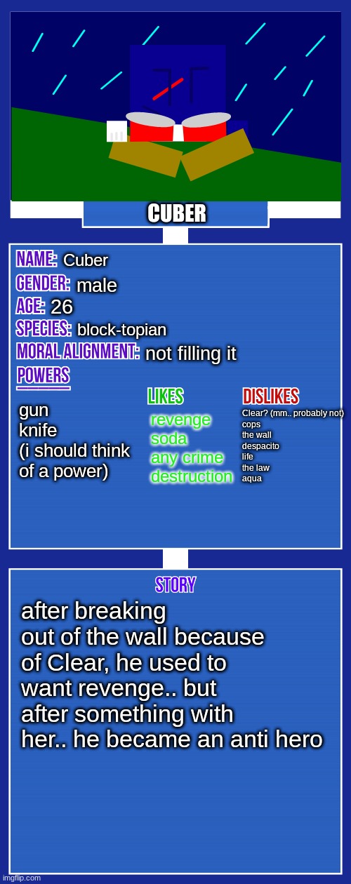 i decided to update Cuber's bio after the new look.. (btw, this design was Bio only) | CUBER; Cuber; male; 26; block-topian; not filling it; gun
knife
(i should think of a power); Clear? (mm.. probably not)
cops
the wall
despacito
life
the law
aqua; revenge
soda
any crime
destruction; after breaking out of the wall because of Clear, he used to want revenge.. but after something with her.. he became an anti hero | image tagged in oc full showcase v2,cuber,ocs | made w/ Imgflip meme maker