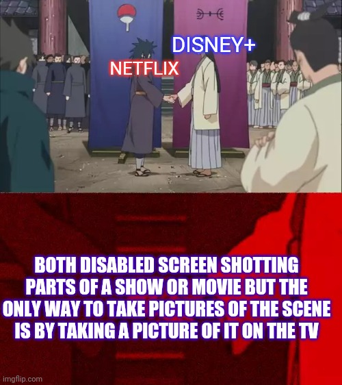 Naruto Handshake Meme Template | DISNEY+; NETFLIX; BOTH DISABLED SCREEN SHOTTING PARTS OF A SHOW OR MOVIE BUT THE ONLY WAY TO TAKE PICTURES OF THE SCENE IS BY TAKING A PICTURE OF IT ON THE TV | image tagged in naruto handshake meme template | made w/ Imgflip meme maker