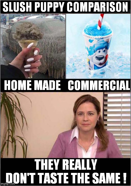 A Seasonal Treat ! | SLUSH PUPPY COMPARISON; COMMERCIAL; HOME MADE; THEY REALLY DON'T TASTE THE SAME ! | image tagged in fun,comparison,frontpage | made w/ Imgflip meme maker