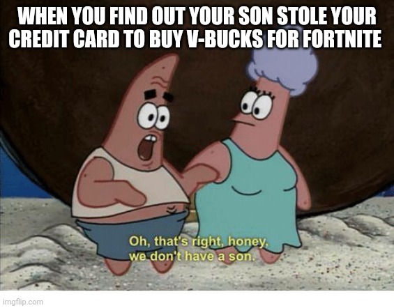 We Don't have a son | WHEN YOU FIND OUT YOUR SON STOLE YOUR CREDIT CARD TO BUY V-BUCKS FOR FORTNITE | image tagged in we don't have a son,memes,fortnite,fortnite meme,v-bucks | made w/ Imgflip meme maker