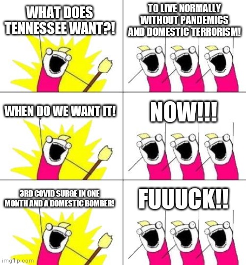 What Do We Want 3 Meme | WHAT DOES TENNESSEE WANT?! TO LIVE NORMALLY WITHOUT PANDEMICS AND DOMESTIC TERRORISM! WHEN DO WE WANT IT! NOW!!! 3RD COVID SURGE IN ONE MONTH AND A DOMESTIC BOMBER! FUUUCK!! | image tagged in memes,what do we want 3 | made w/ Imgflip meme maker