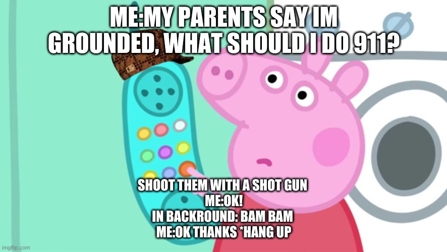 what you do when your grounded | ME:MY PARENTS SAY IM GROUNDED, WHAT SHOULD I DO 911? SHOOT THEM WITH A SHOT GUN 
ME:OK!
IN BACKROUND: BAM BAM 
ME:OK THANKS *HANG UP | image tagged in peppa pig phone | made w/ Imgflip meme maker