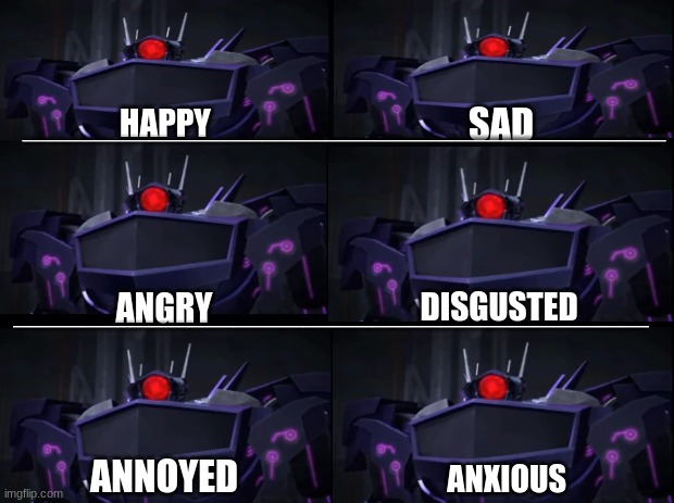 The many emotions of shockwave | ___________________________________________________; SAD; HAPPY; ______________________________________________; DISGUSTED; ANGRY; ANNOYED; ANXIOUS | image tagged in black background,shockwave,transformers,emotions | made w/ Imgflip meme maker