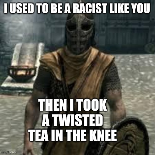 Twisted Tea in the Knee | I USED TO BE A RACIST LIKE YOU; THEN I TOOK A TWISTED TEA IN THE KNEE | image tagged in arrow to the knee,twisted,tea,skyrim | made w/ Imgflip meme maker
