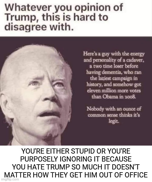 TDS is real. | YOU'RE EITHER STUPID OR YOU'RE PURPOSELY IGNORING IT BECAUSE YOU HATE TRUMP SO MUCH IT DOESN'T MATTER HOW THEY GET HIM OUT OF OFFICE | image tagged in election 2020,election fraud,joe biden,donald trump,ConservativeMemes | made w/ Imgflip meme maker
