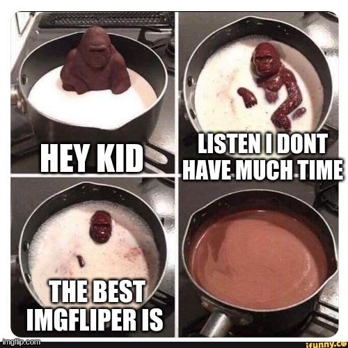 wonder if it is raydog | LISTEN I DONT HAVE MUCH TIME; HEY KID; THE BEST IMGFLIPER IS | image tagged in melting gorilla | made w/ Imgflip meme maker
