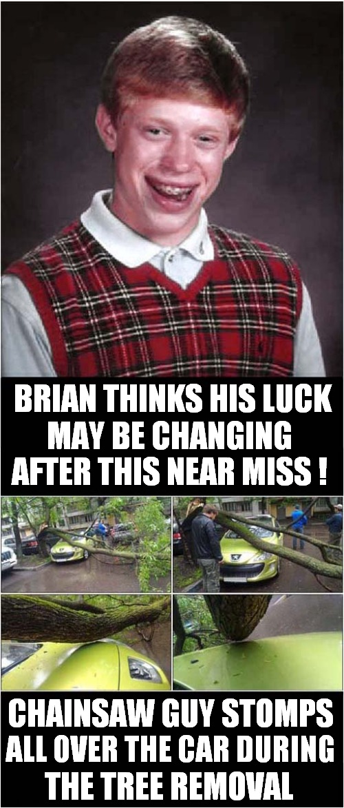 Bad Luck Brians Near Miss ! | BRIAN THINKS HIS LUCK; MAY BE CHANGING AFTER THIS NEAR MISS ! CHAINSAW GUY STOMPS; ALL OVER THE CAR DURING; THE TREE REMOVAL | image tagged in fun,bad luck brian,car,tree surgery,damage | made w/ Imgflip meme maker