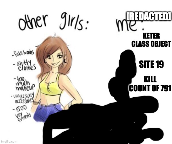 If you read this you will be sent to the femur breaker | [REDACTED]; KETER CLASS OBJECT; SITE 19; KILL COUNT OF 791 | image tagged in thinking about other girls,new template,scp meme,scp,imgflip | made w/ Imgflip meme maker