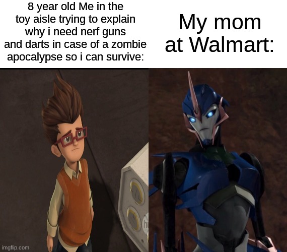 Noo i want nerf guns! | 8 year old Me in the toy aisle trying to explain why i need nerf guns and darts in case of a zombie apocalypse so i can survive:; My mom at Walmart: | image tagged in nerf,guns,transformers,arcee | made w/ Imgflip meme maker