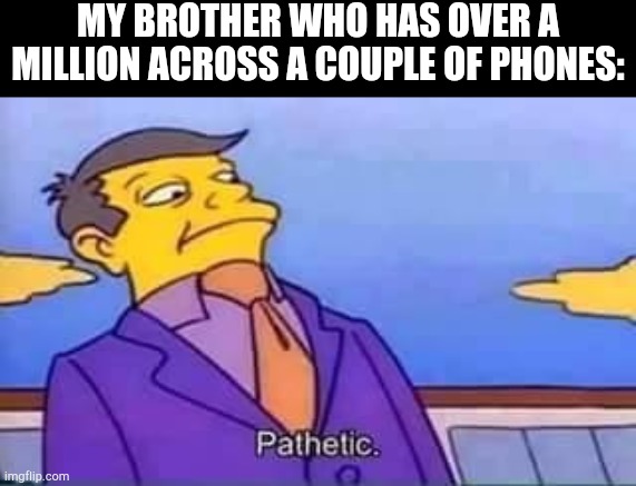 skinner pathetic | MY BROTHER WHO HAS OVER A MILLION ACROSS A COUPLE OF PHONES: | image tagged in skinner pathetic | made w/ Imgflip meme maker