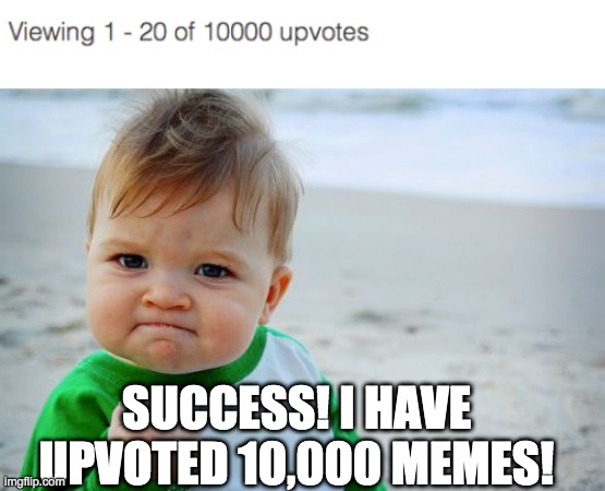 i have gained 10k points by upvoting! yes | SUCCESS! I HAVE UPVOTED 10,000 MEMES! | image tagged in memes,success kid original,upvotes | made w/ Imgflip meme maker