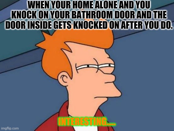 When your home alone | WHEN YOUR HOME ALONE AND YOU KNOCK ON YOUR BATHROOM DOOR AND THE DOOR INSIDE GETS KNOCKED ON AFTER YOU DO. INTERESTING..... | image tagged in memes,futurama fry,home alone | made w/ Imgflip meme maker