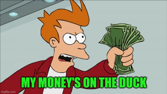 Shut Up And Take My Money Fry Meme | MY MONEY'S ON THE DUCK | image tagged in memes,shut up and take my money fry | made w/ Imgflip meme maker