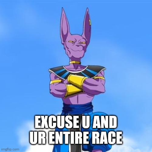 Beerus | EXCUSE U AND UR ENTIRE RACE | image tagged in beerus | made w/ Imgflip meme maker