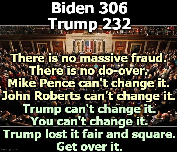 More evidence of how conservatives and Trumptards are divorced from reality. And Trump is the most psychotic of all. | Biden 306
Trump 232; There is no massive fraud.
There is no do-over.
Mike Pence can't change it.
John Roberts can't change it. Trump can't change it.
You can't change it.
Trump lost it fair and square.
Get over it. | image tagged in congress,trump,american psycho,election | made w/ Imgflip meme maker