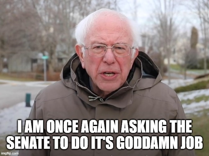 Bernie Sanders Once Again Asking | I AM ONCE AGAIN ASKING THE SENATE TO DO IT'S GODDAMN JOB | image tagged in bernie sanders once again asking | made w/ Imgflip meme maker