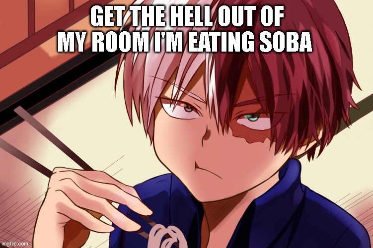 Get out. | GET THE HELL OUT OF MY ROOM I'M EATING SOBA | image tagged in todoroki,mha | made w/ Imgflip meme maker