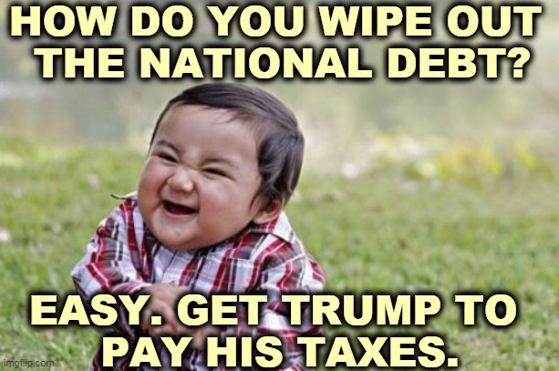 Decades of fraud. | HOW DO YOU WIPE OUT 
THE NATIONAL DEBT? EASY. GET TRUMP TO 
PAY HIS TAXES. | image tagged in memes,evil toddler,trump,tax,fraud,criminal | made w/ Imgflip meme maker