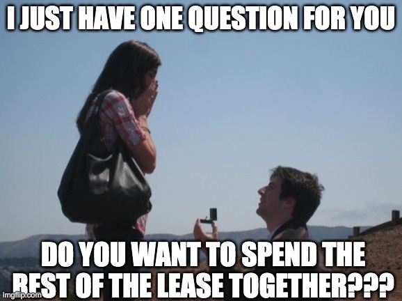 cohabitation | I JUST HAVE ONE QUESTION FOR YOU; DO YOU WANT TO SPEND THE REST OF THE LEASE TOGETHER??? | image tagged in memes | made w/ Imgflip meme maker