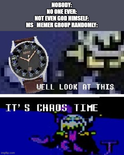 Chaos time | NOBODY:
NO ONE EVER:
NOT EVEN GOD HIMSELF:
MS_MEMER GROUP RANDOMLY: | image tagged in chaos time | made w/ Imgflip meme maker