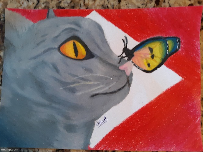 Oil Pastel Art of My Friend's Cat, Olympic | image tagged in cats,cat,art,drawing,butterfly | made w/ Imgflip meme maker