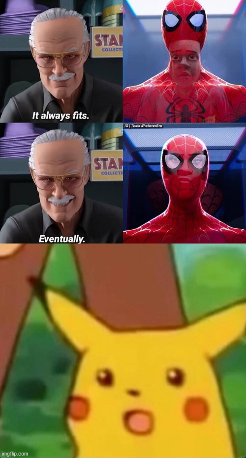 Now I see it! Thanks, Stan Lee! | image tagged in surprised pikachu,marvel,spider-verse meme | made w/ Imgflip meme maker