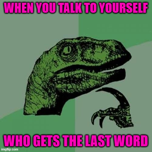 Philosoraptor Meme | WHEN YOU TALK TO YOURSELF WHO GETS THE LAST WORD | image tagged in memes,philosoraptor | made w/ Imgflip meme maker