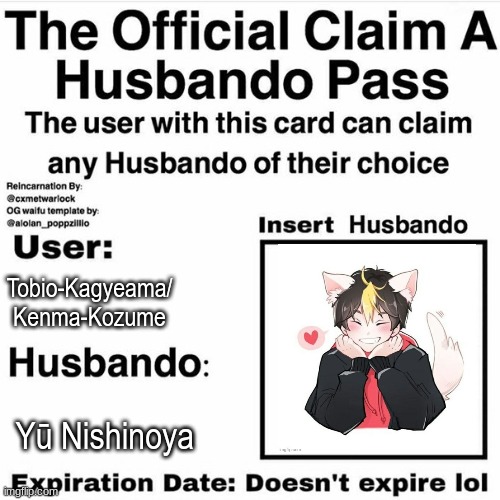 Claim Your Husbando | Tobio-Kagyeama/ Kenma-Kozume; Yū Nishinoya | image tagged in claim your husbando | made w/ Imgflip meme maker