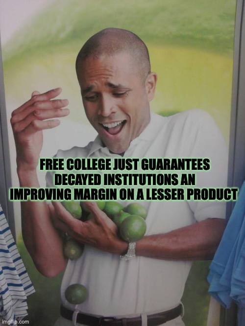 Why Can't I Hold All These Limes Meme | FREE COLLEGE JUST GUARANTEES DECAYED INSTITUTIONS AN IMPROVING MARGIN ON A LESSER PRODUCT | image tagged in memes,why can't i hold all these limes | made w/ Imgflip meme maker