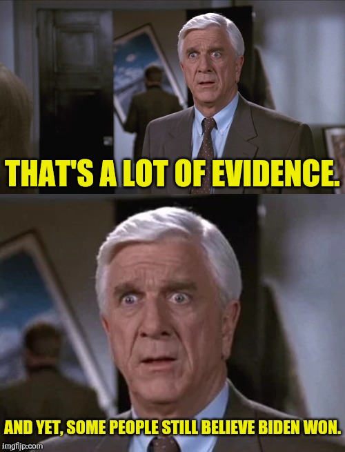 leslie nielsen | AND YET, SOME PEOPLE STILL BELIEVE BIDEN WON. THAT'S A LOT OF EVIDENCE. | image tagged in leslie nielsen | made w/ Imgflip meme maker
