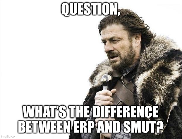 I’m legitimately curious |  QUESTION, WHAT’S THE DIFFERENCE BETWEEN ERP AND SMUT? | image tagged in memes,brace yourselves x is coming | made w/ Imgflip meme maker