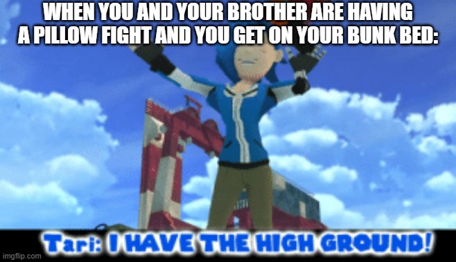 tari I have the high ground | WHEN YOU AND YOUR BROTHER ARE HAVING A PILLOW FIGHT AND YOU GET ON YOUR BUNK BED: | image tagged in tari i have the high ground | made w/ Imgflip meme maker