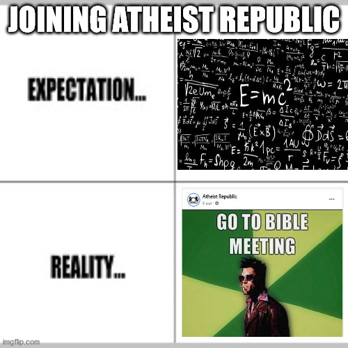Expectation vs Reality | JOINING ATHEIST REPUBLIC | image tagged in expectation vs reality | made w/ Imgflip meme maker