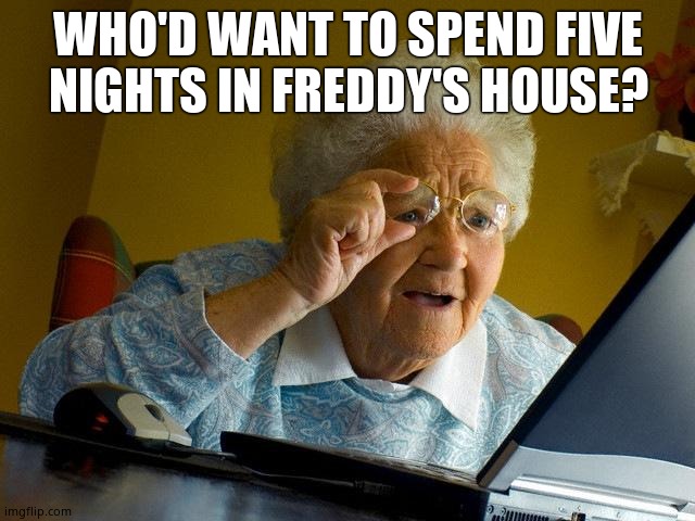 Grandma Finds The Internet Meme | WHO'D WANT TO SPEND FIVE NIGHTS IN FREDDY'S HOUSE? | image tagged in memes,grandma finds the internet | made w/ Imgflip meme maker