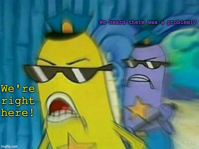 The police fish guys are here! | We're right here! We heard there was a problem!? | image tagged in spongebob cops 3,police,spongebob squarepants,blur,uh oh,hold up | made w/ Imgflip meme maker