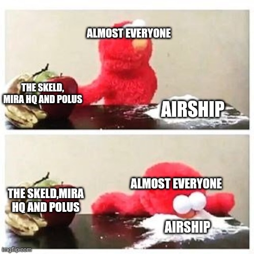 Almost everyone wanted the airship map in among us | ALMOST EVERYONE; THE SKELD, MIRA HQ AND POLUS; AIRSHIP; ALMOST EVERYONE; THE SKELD,MIRA HQ AND POLUS; AIRSHIP | image tagged in elmo cocaine,memes | made w/ Imgflip meme maker