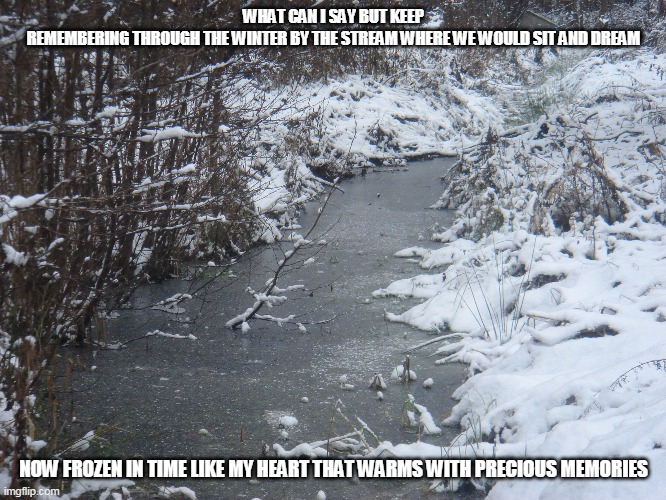 Frozen Streams | WHAT CAN I SAY BUT KEEP REMEMBERING THROUGH THE WINTER BY THE STREAM WHERE WE WOULD SIT AND DREAM; NOW FROZEN IN TIME LIKE MY HEART THAT WARMS WITH PRECIOUS MEMORIES | image tagged in winter,frozen streams,hearts | made w/ Imgflip meme maker