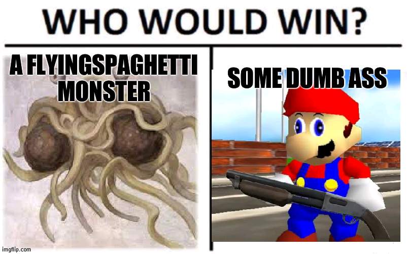 fsm | A FLYINGSPAGHETTI MONSTER; SOME DUMB ASS | image tagged in memes,who would win | made w/ Imgflip meme maker
