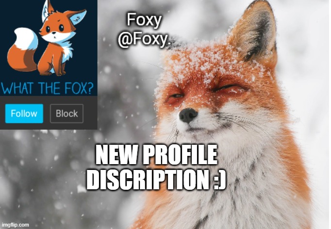 Foxy's announcement template | NEW PROFILE DISCRIPTION :) | image tagged in foxy's announcement template | made w/ Imgflip meme maker