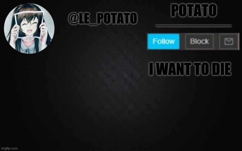 new temp i only use it for when im extra depresed | _________; POTATO; @LE_POTATO; I WANT TO DIE | image tagged in solid black background | made w/ Imgflip meme maker