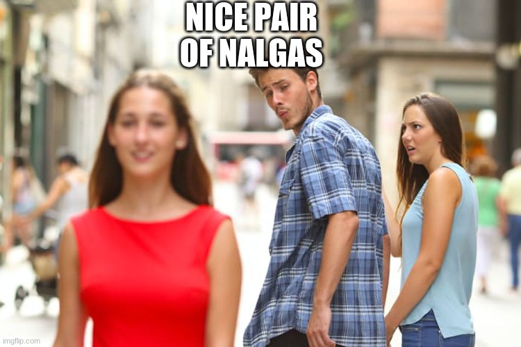 Distracted Boyfriend | NICE PAIR OF NALGAS | image tagged in memes,distracted boyfriend | made w/ Imgflip meme maker