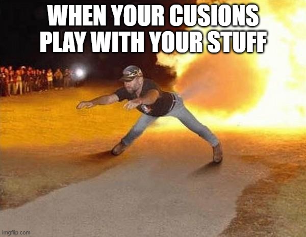 fire fart | WHEN YOUR CUSIONS PLAY WITH YOUR STUFF | image tagged in fire fart | made w/ Imgflip meme maker