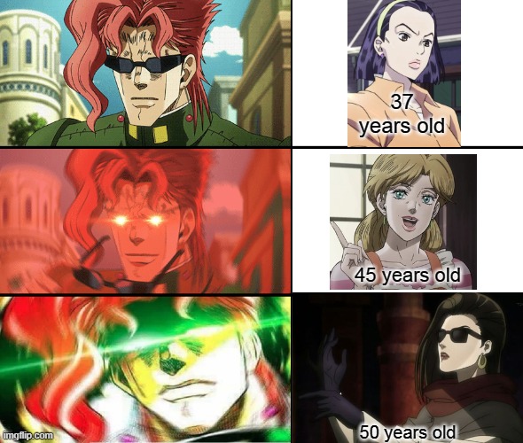e | 37 years old; 45 years old; 50 years old | image tagged in kakyoin milf meme | made w/ Imgflip meme maker