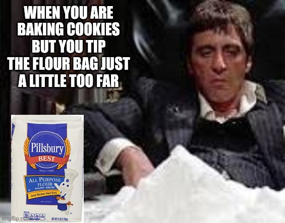 Scarface | WHEN YOU ARE BAKING COOKIES BUT YOU TIP THE FLOUR BAG JUST A LITTLE TOO FAR | image tagged in funny | made w/ Imgflip meme maker