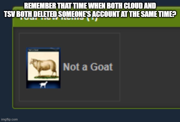 Not a Goat | REMEMBER THAT TIME WHEN BOTH CLOUD AND TSV BOTH DELETED SOMEONE'S ACCOUNT AT THE SAME TIME? | image tagged in not a goat | made w/ Imgflip meme maker