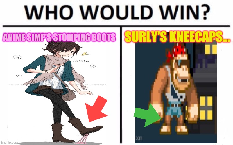 Who Would Win? Meme | ANIME SIMP'S STOMPING BOOTS SURLY'S KNEECAPS... | image tagged in memes,who would win | made w/ Imgflip meme maker