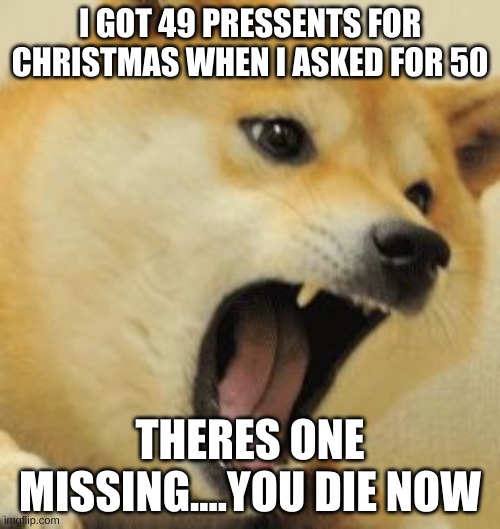 angry doge | I GOT 49 PRESSENTS FOR CHRISTMAS WHEN I ASKED FOR 50; THERES ONE MISSING....YOU DIE NOW | image tagged in angry doge | made w/ Imgflip meme maker
